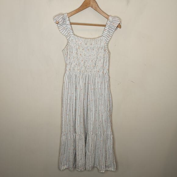 LOFT Midi Dress Striped + Textured Dot Flutter Sleeve - Picture 1 of 10